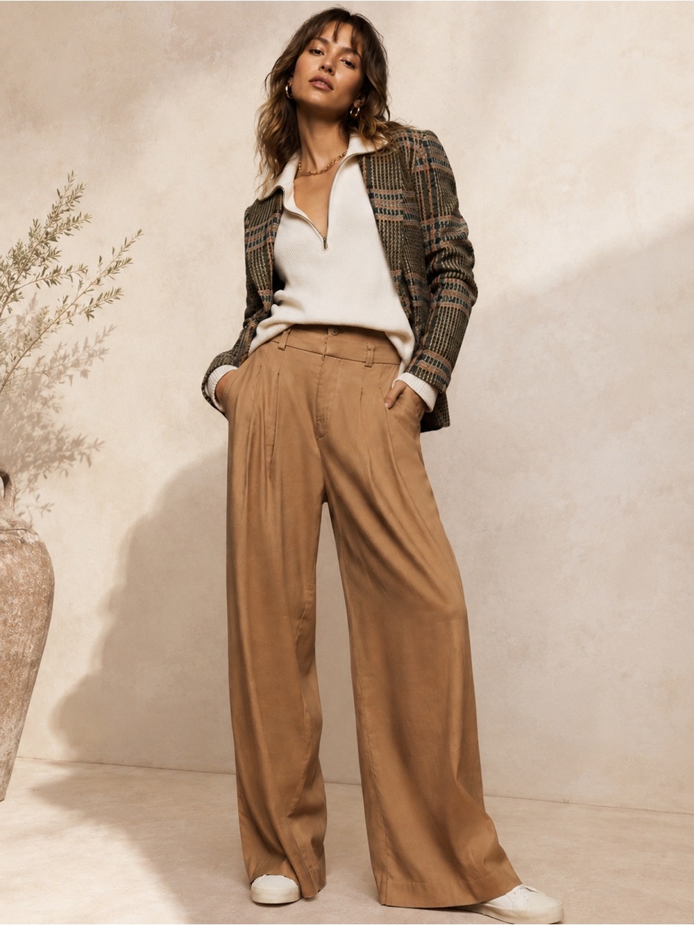 Maeve Anthropologie Camel Linen Blend Wide Leg Pleated Trousers Pants Size S